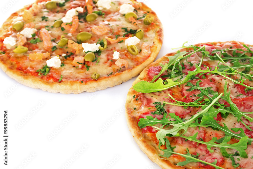 Two delicious tasty pizzas, closeup