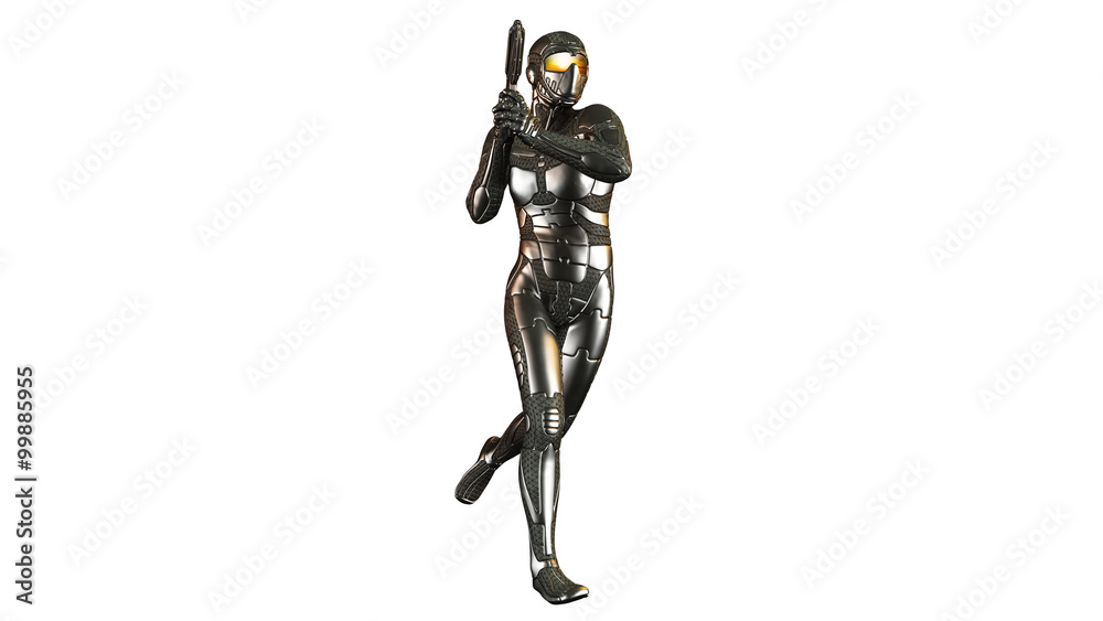 Sci-Fi futuristic soldier in bulletproof armor holding a gun , warrior isolated on white background Sci-Fi futuristic soldier in bulletproof armor holding a gun , warrior isolated on white background