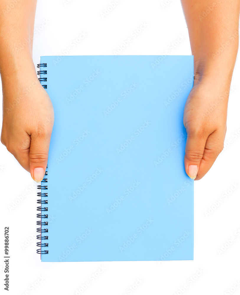 Obraz premium Woman hand holding blue blank paper isolated on white background.