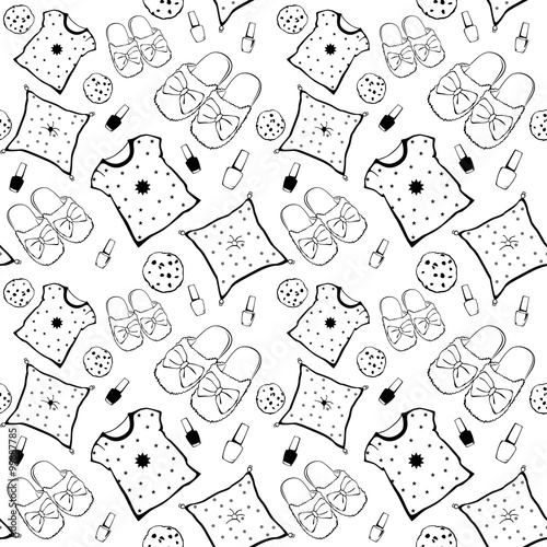 Vector Black White Pajama Movie Night Party Necessities Seamless Pattern. Pillow Nail Polish Cookie Snack.