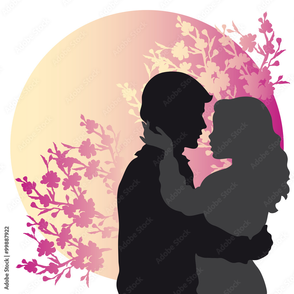 Lovers Silhouettes  on Floral Background