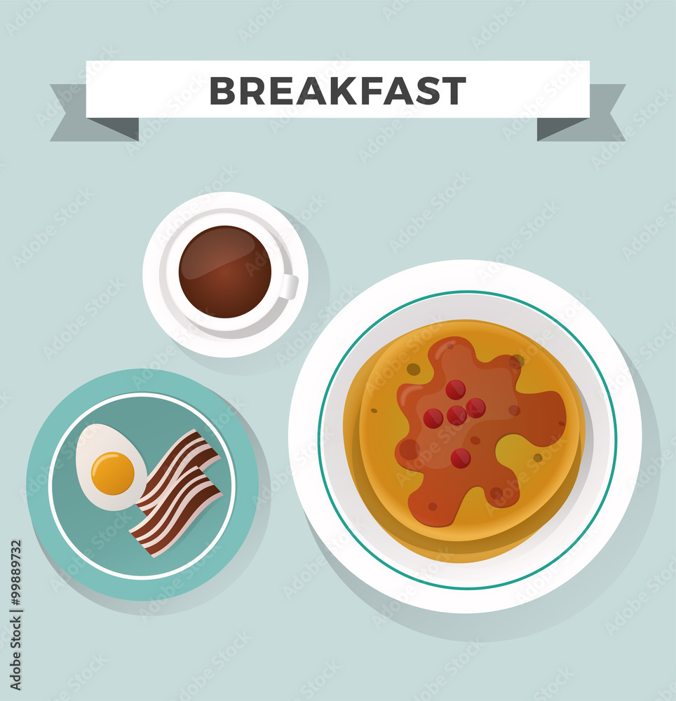 Breakfast flat top view set icons silhouette illustrations