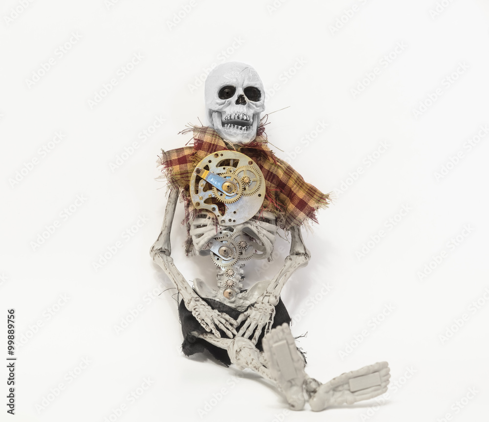 Fototapeta premium Hybrid human skeleton with mechanical old vintage technology gears and parts isolated on light grey background