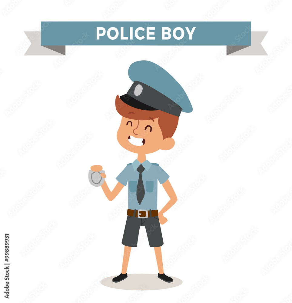Police boy with sign isolated on white