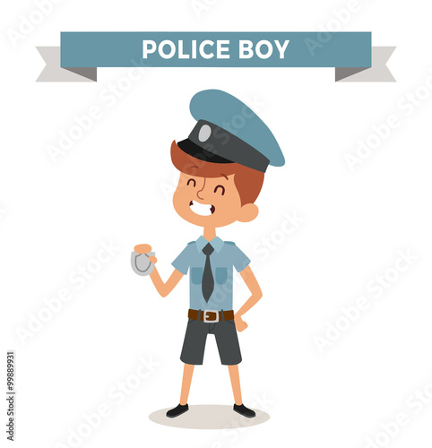 Police boy with sign isolated on white