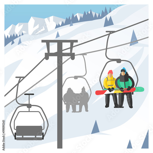 Snowboarder sitting in ski gondola and lift elevators. Winter sport resort background