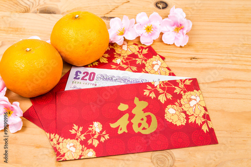 Hung Bao or Red packet with Good Fortune character contains Sterling Pound