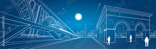 Transport and infrastructure panorama, train rides on the bridge, night city, vector design