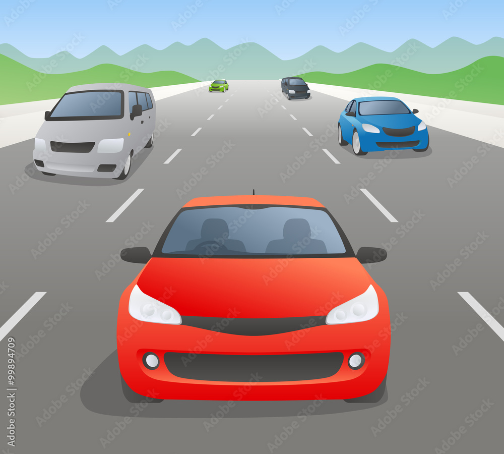 vehicles on highway, front view, vector illustration