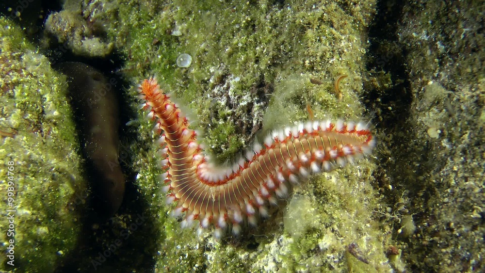 Bearded fireworm (Hermodice carunculata) crawling on the stone, medium shot.
Bearded fireworm (Hermodice carunculata) crawling on the stone, medium shot.