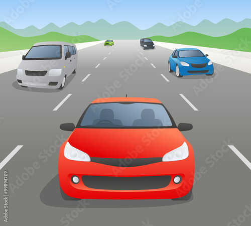 vehicles on highway, front view, vector illustration © metamorworks