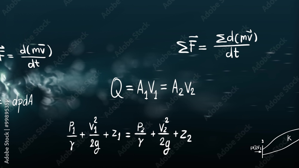 Mechanic of Fluid theory physics mathematical formula equation in doodle in water bubble stream particle flowing under deep blue water background texture pattern in 4k ultra HD video