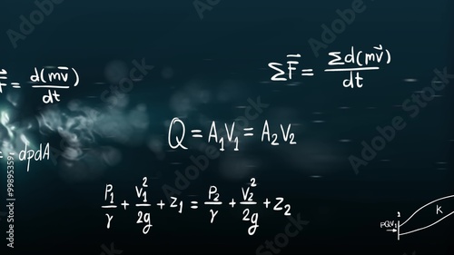 Mechanic of Fluid theory physics mathematical formula equation in doodle in water bubble stream particle flowing under deep blue water background texture pattern in 4k ultra HD video
