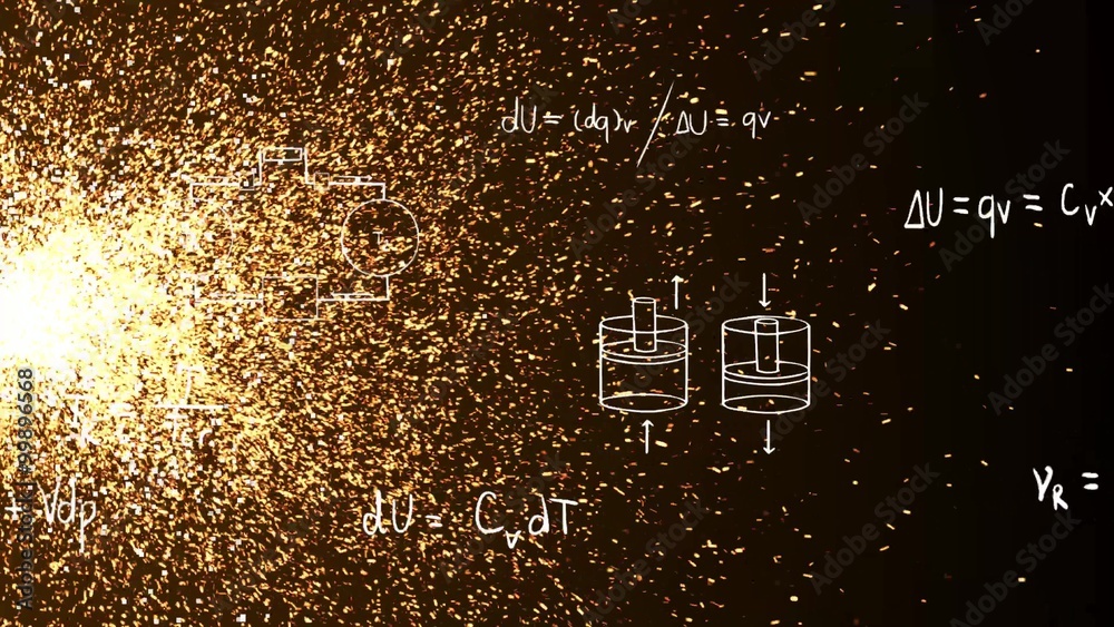 Abstract fire sparking background pattern with thermodynamics formula and math equation in doodle for physics and engineering education introduction in 4k ultra HD 