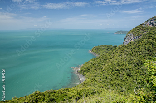 Angthong marine park near koh Samui, Thailand. Beautiful tropical island panoramic view with blue sky and water, exotic thai nature. Famous travel destination