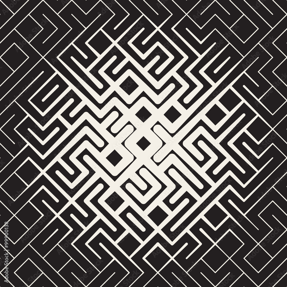 Vector Seamless Black and White Rounded Line Maze Irregular Pattern Halftone Circular Gradient
