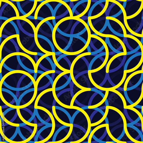 Vector Seamless Blue Yellow Color Iregular Rounded Arc Lines Geometric Pattern