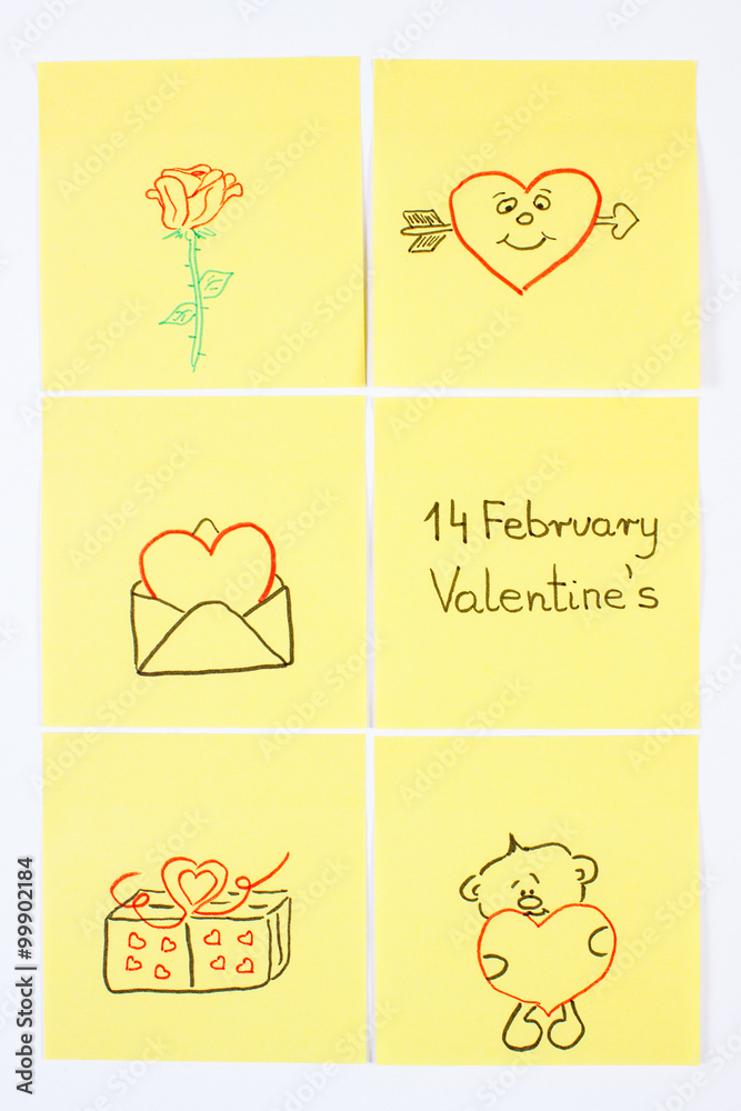 Symbols of Valentines Day drawn on paper, symbol of love Symbols of Valentines Day drawn on paper, symbol of love