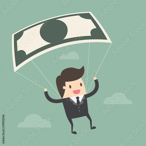 Businessman Using Bank Note As a Parachute.