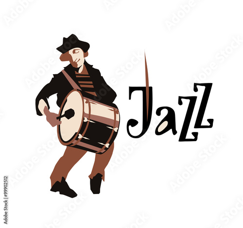 Man playng drums. Street musican. Jazz inscription. Vector illustration.