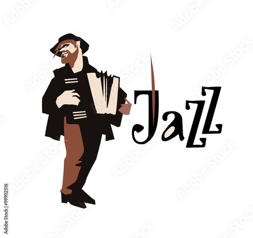 Man playng accordione. Street musican. Accordionist. Jazz inscription. Vector illustration.