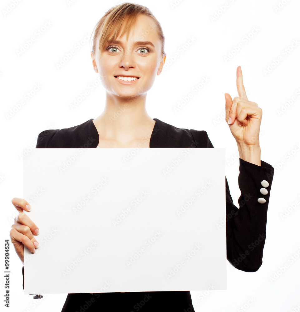 young business woman showing blank signboard young business woman showing blank signboard
