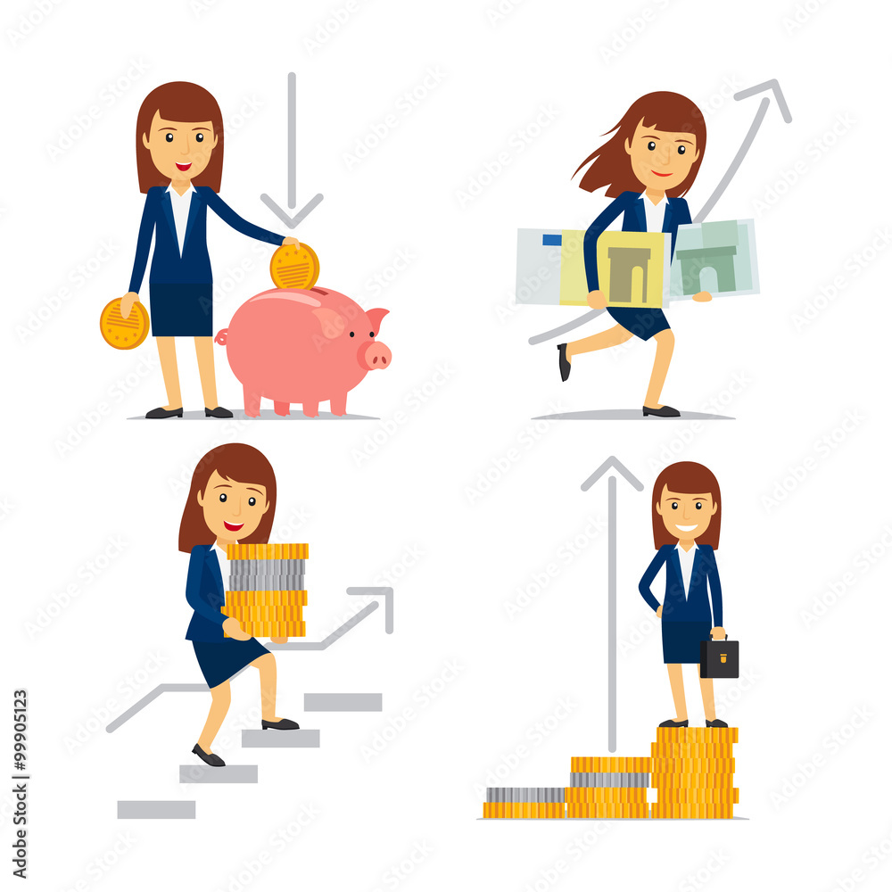 Businesswoman money and business woman on way to financial success. Vector illusration.