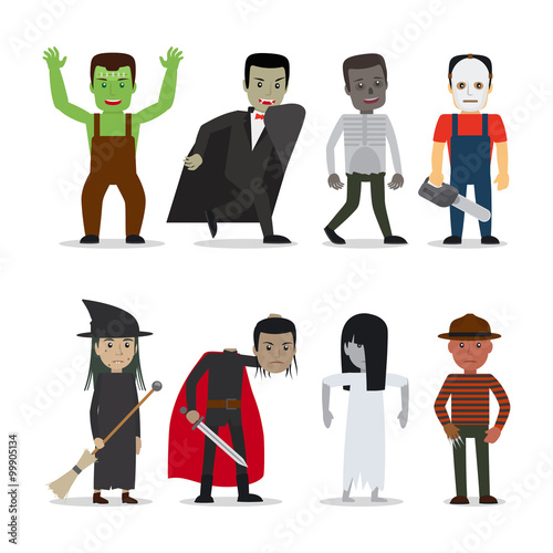 Horror characters vector. Dracula and witch, zombie and ghost, headless man