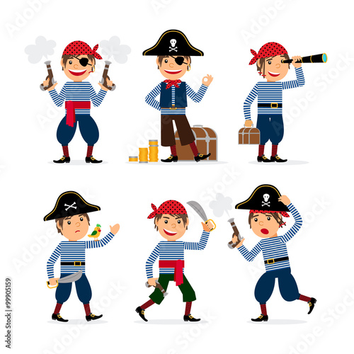 Pirate child boy party masquerade costume. Little pirate boy with parrot, pistol and treasures. Vector illustration.