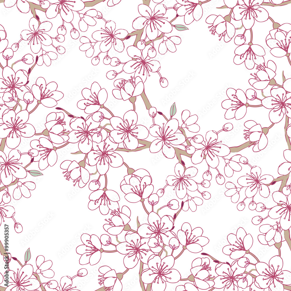 Seamless pattern with sakura. Hand drawn spring blossom trees. Vector illustration with cherry blossoms. Seamless pattern with sakura. Hand drawn spring blossom trees. Vector illustration with cherry blossoms.