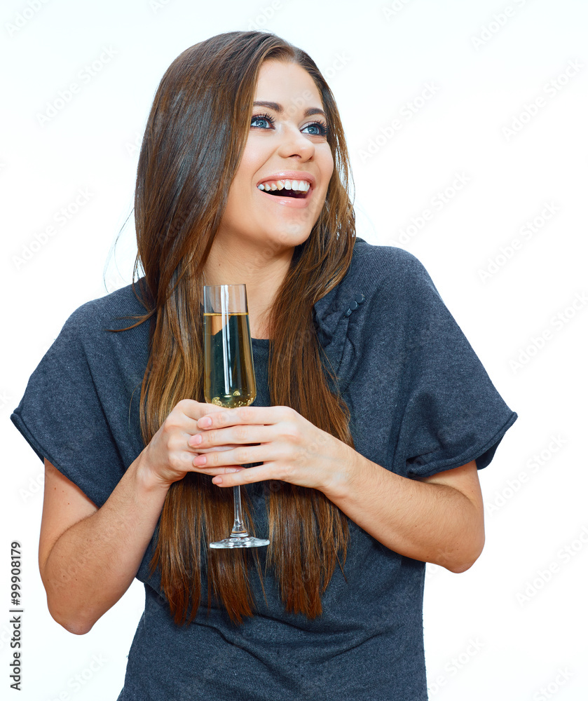 Happy smiling woman posing on isolated background with wine gla Happy smiling woman posing on isolated background with wine gla