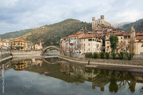 View of Dolceacqua medieval village on Nervia river