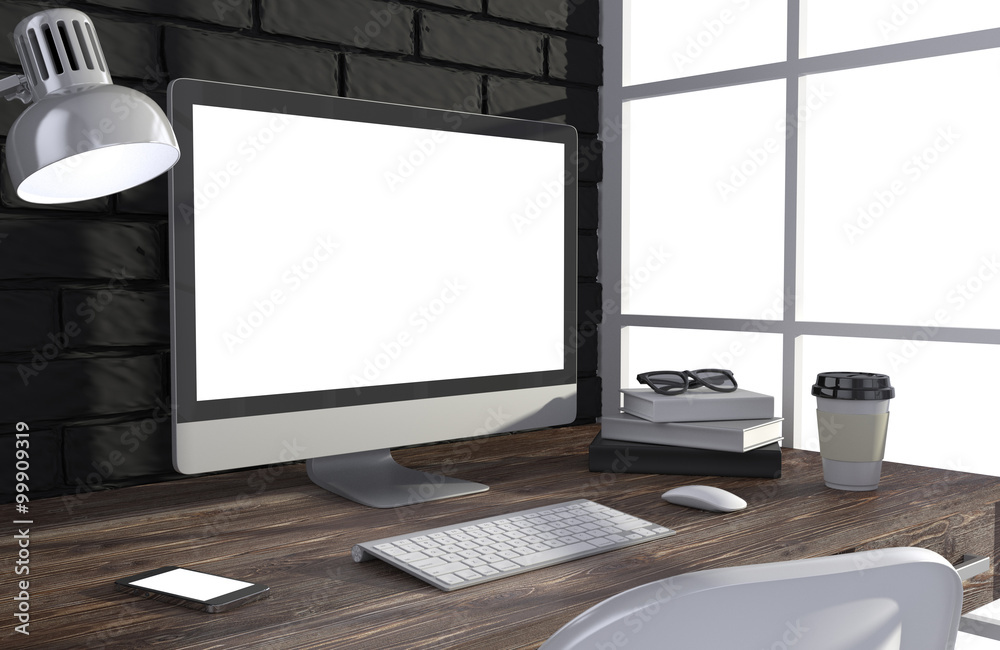 Fototapeta premium 3D illustration PC screen on table in office, Workspace