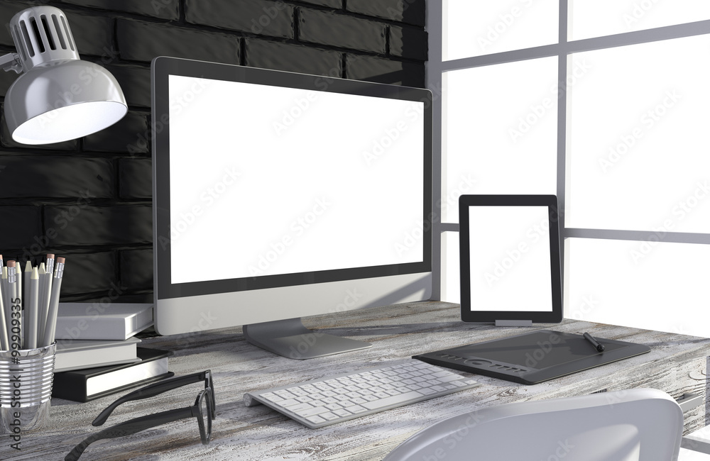 Fototapeta premium 3D illustration PC screen on table in office, Workspace