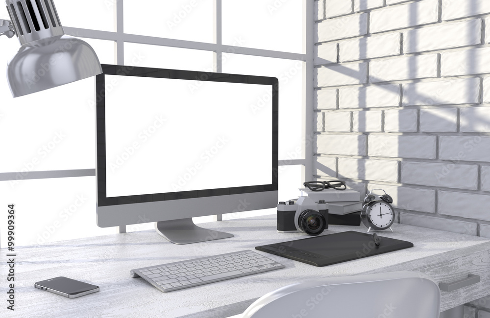 Fototapeta premium 3D illustration PC screen on table in office, Workspace