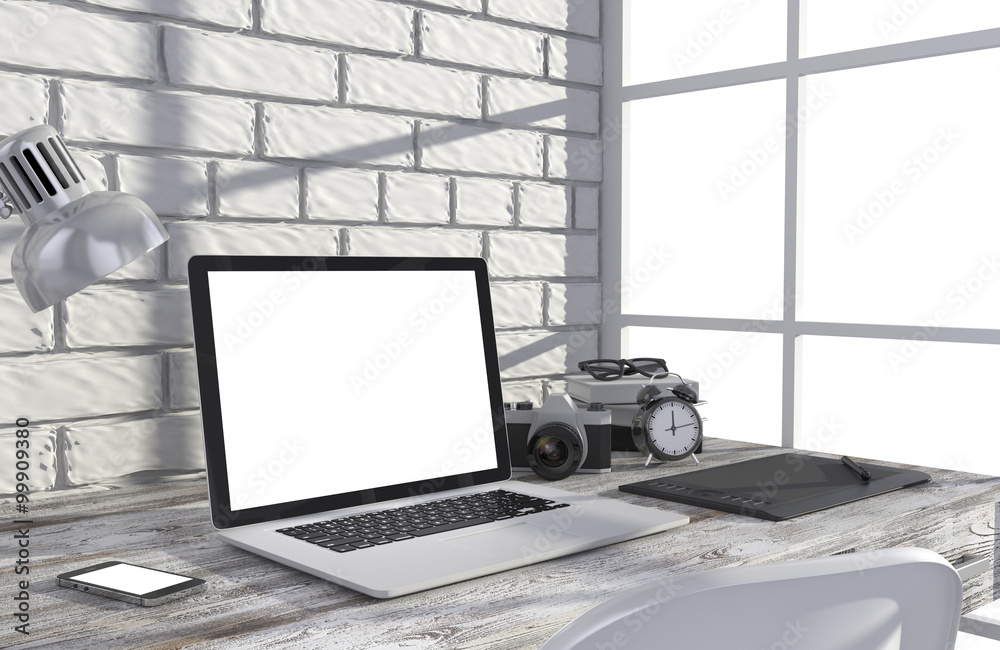 Fototapeta premium 3D illustration laptop and work stuff on table near brick wall, Workspace