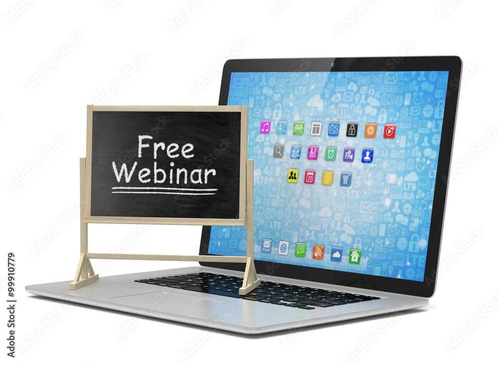 Laptop with chalkboard, free webinar, online education concept