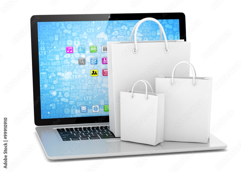 laptop and shopping pags on white background laptop and shopping pags on white background
