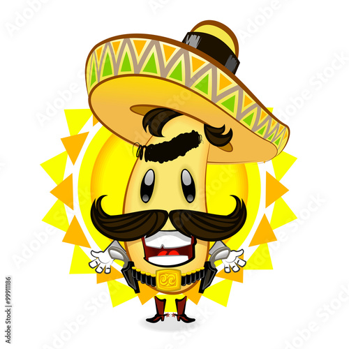 beans,Mexico,food,bandit,character,illustration,vector,sombrero, sun,gun