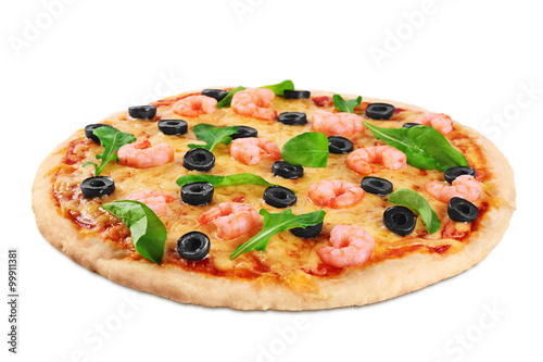 Pizza with shrimp olives and arugula on a white background.