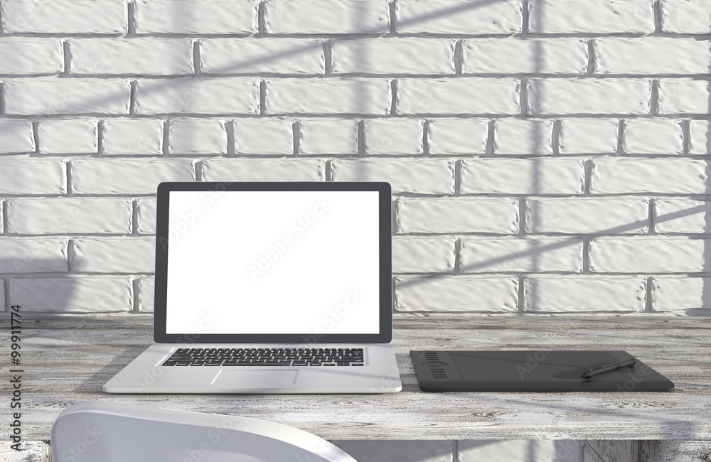 Fototapeta premium 3D illustration laptop and work stuff on table near brick wall, Workspace