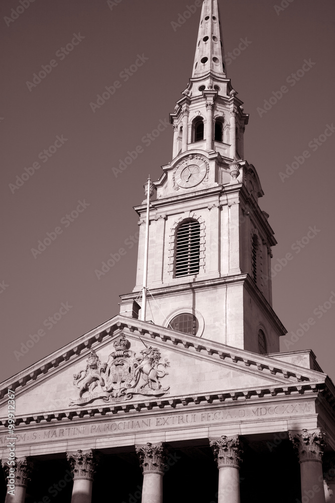 St Martins in the Field Church in Black and White Sepia Tone, London, England, UK