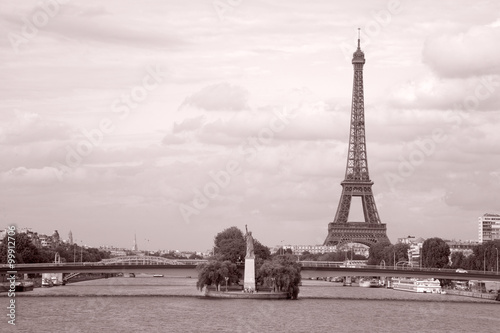 Eiffel Tower and the River Thames in Black and White Sepia Tone, Paris, France