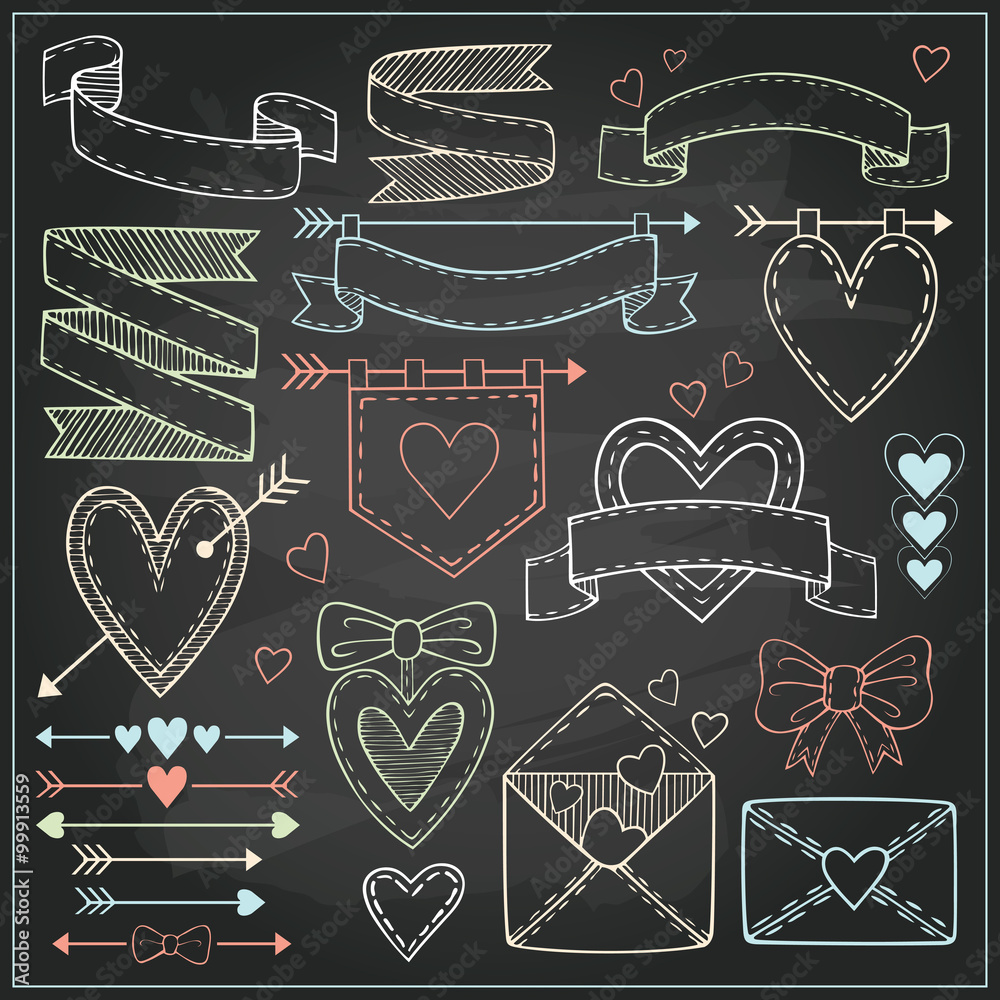 Set of Valentine’s day ribbons, arrows, labels, hearts and flags on chalkboard