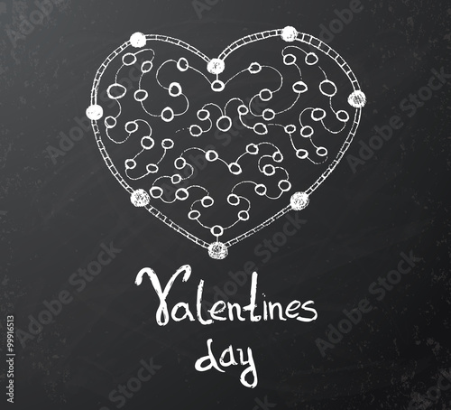 Valentines day card with chalkboard drawing of white heart. Some elements have transparency mode different from normal.