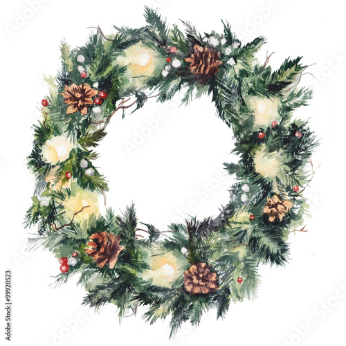 Winter wreath with needles, lights and pine cones. Original watercolor decoration.