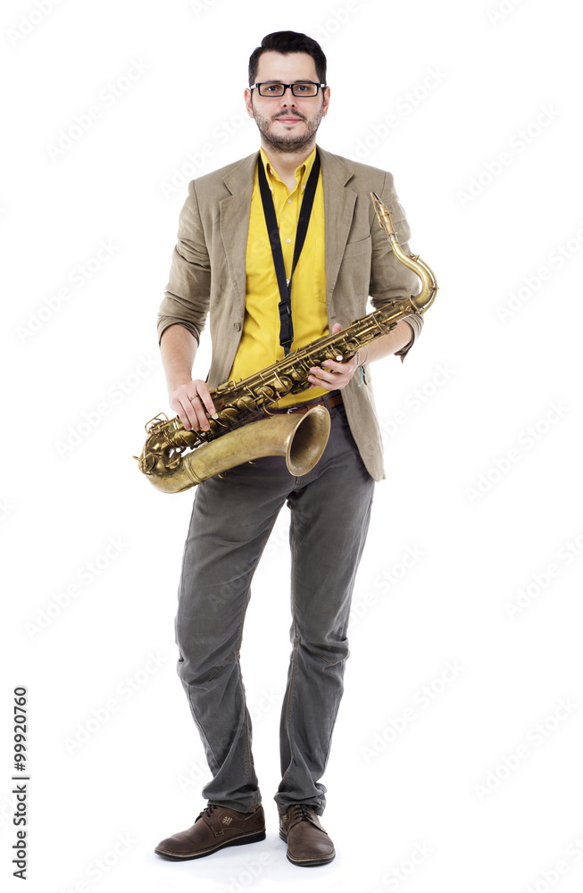 Naklejka premium saxophone player in yellow t-shirt and bowtie . guy playing the