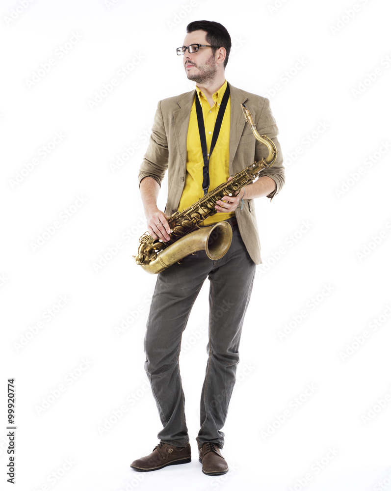 Naklejka premium saxophone player in yellow t-shirt and bowtie . guy playing the