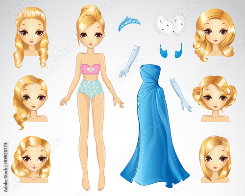 Blonde Hair Set Of Blue Paper Doll