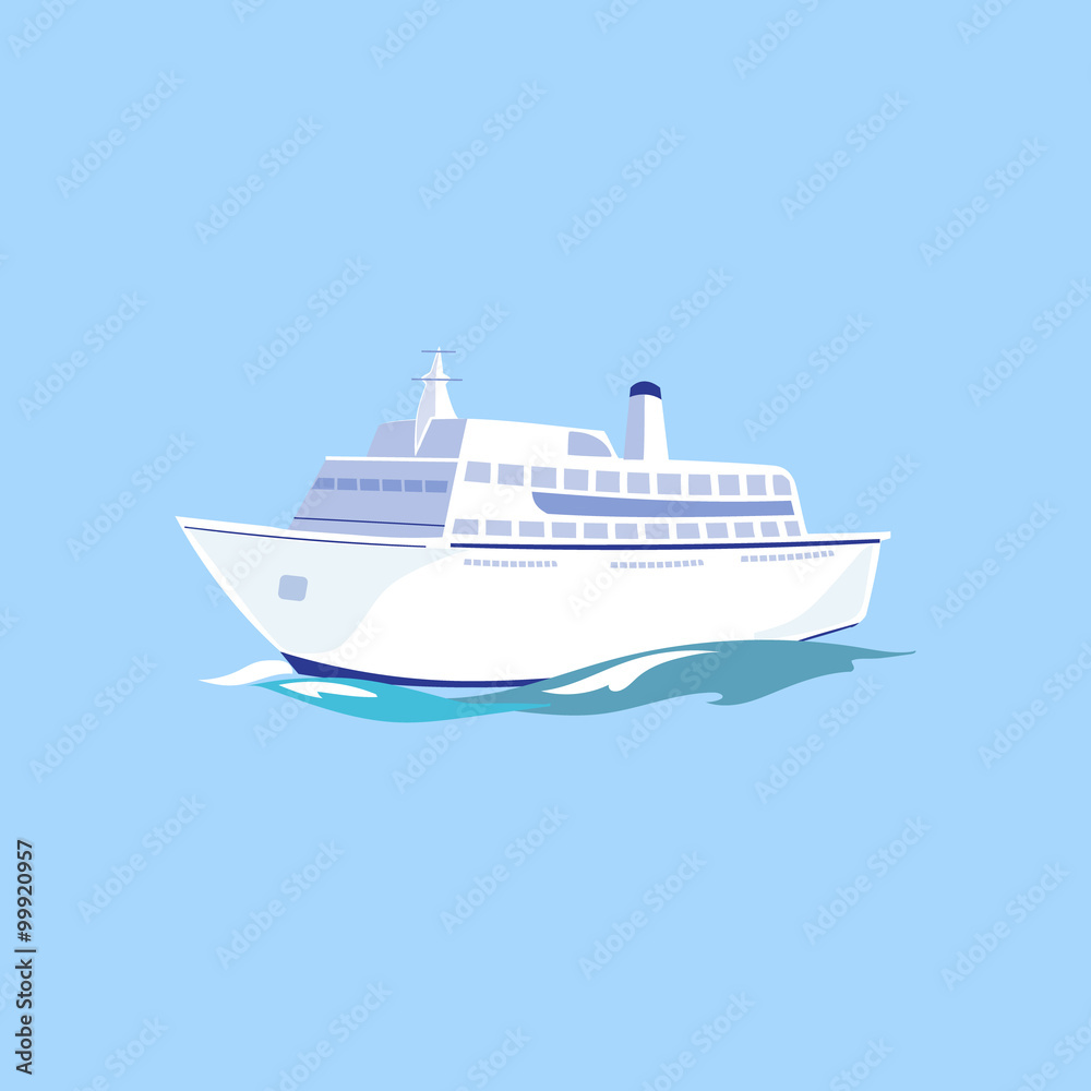 White Passenger Ship on the Water. Vector Illustration